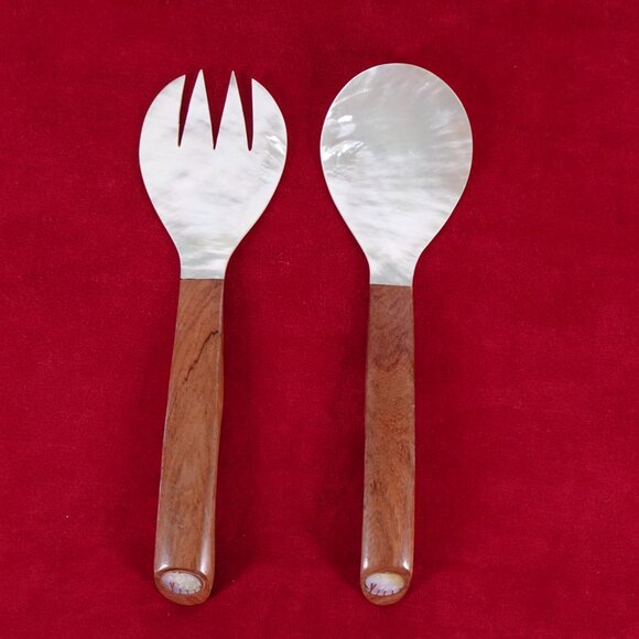 Salad Server Fork Spoon Tongs Natural Iridescent Capiz Mother of Pearl Seashell - Picture 6 of 11